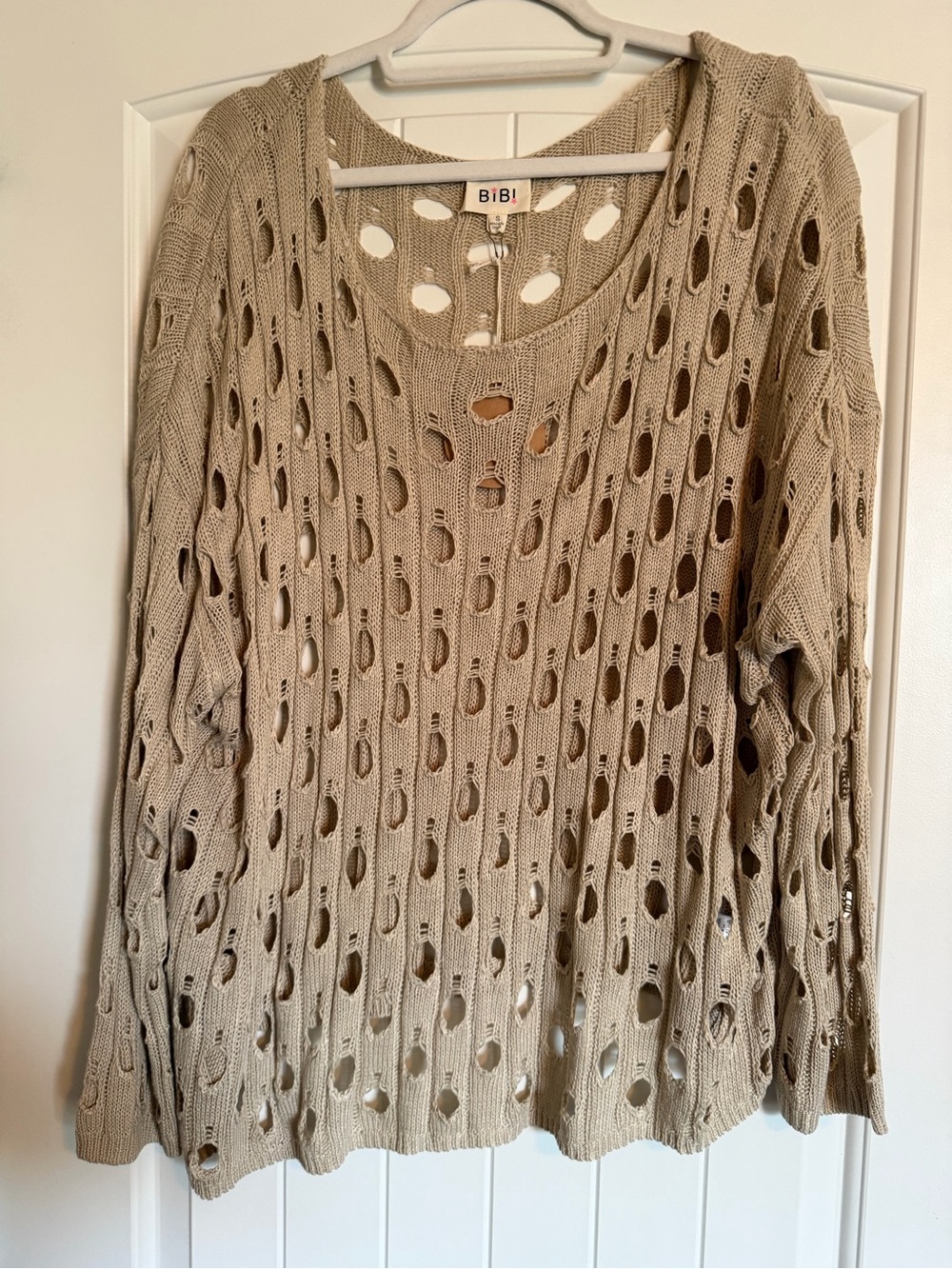NWT BIBI Distressed Open Knit Sweater Top Beige Size S Boho